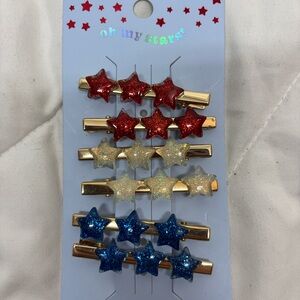 NWT Glitter Star Hair Clips - Red, Gold White & Blue set of 6- USA 4th of july
